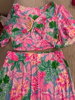 Lilly Pulitzer Pink, Green & Blue Floral Midi Two-Piece Set with Yellow Accents